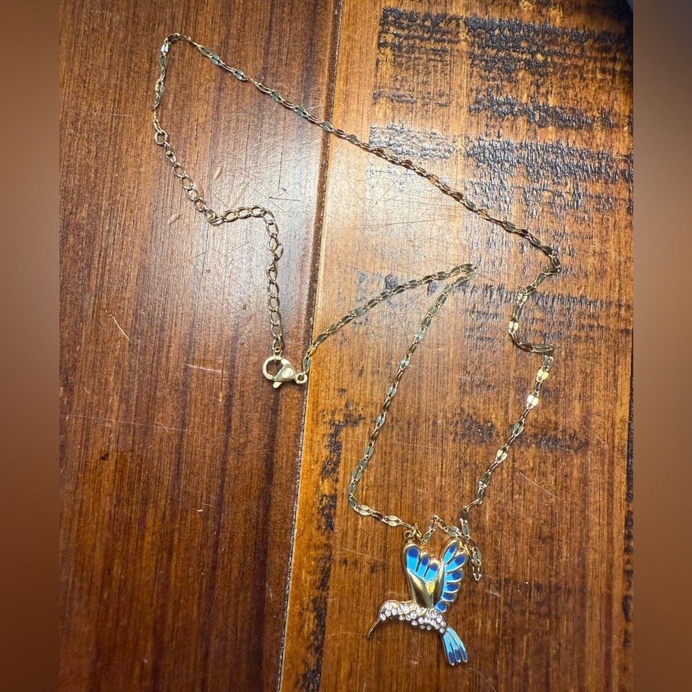 Gold Hummingbird Pendant Necklace with Blue Enamel & Rhinestones - Picture 4 of 4